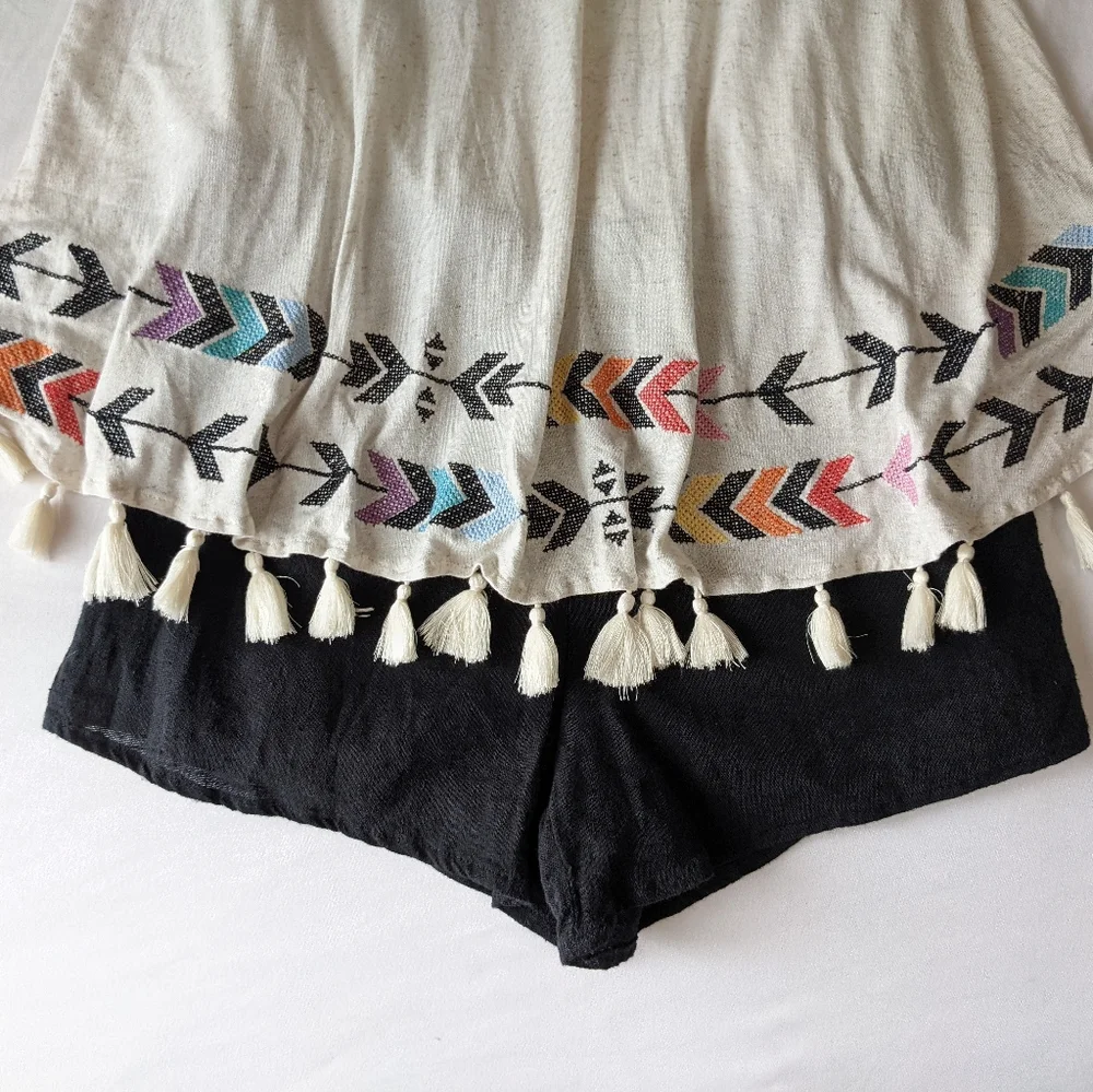 Judith March Linen Blend Spaghetti Strap Romper Tassel Hemline Small - Picture 4 of 11